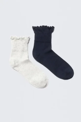 2-Pack Frill Edge Cotton-Blend Socks – Dark Blue & Grey