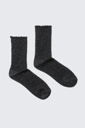 2-Pack Frill-Edge Glitter Crew Socks – Black Glitter