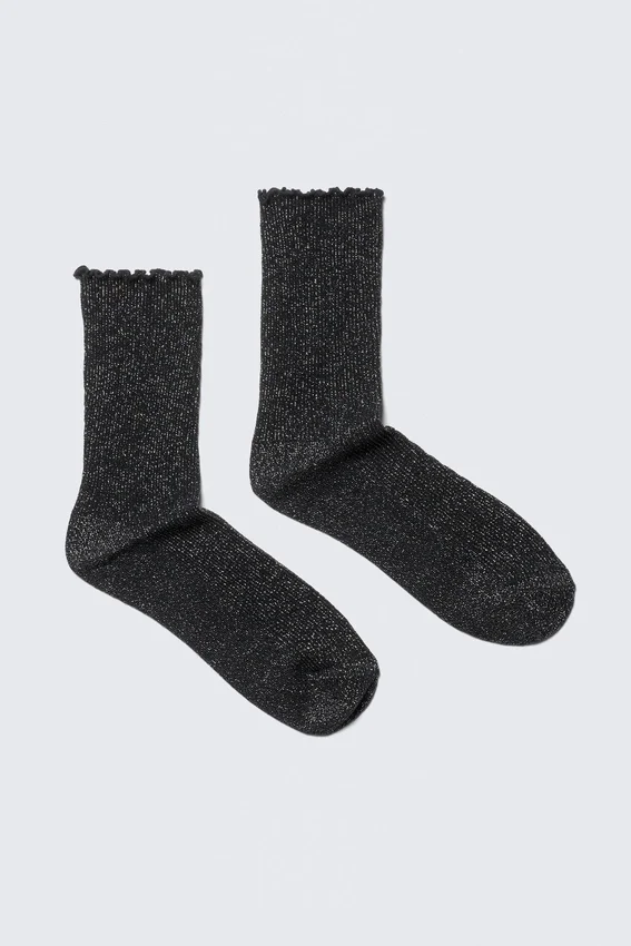 2-Pack Frill-Edge Glitter Crew Socks – Black Glitter 2-Pack Frill-Edge Glitter Crew Socks – Black Glitter