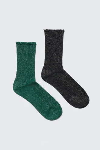 2-Pack Frill-Edge Glitter Crew Socks – Green & Black – Glitter