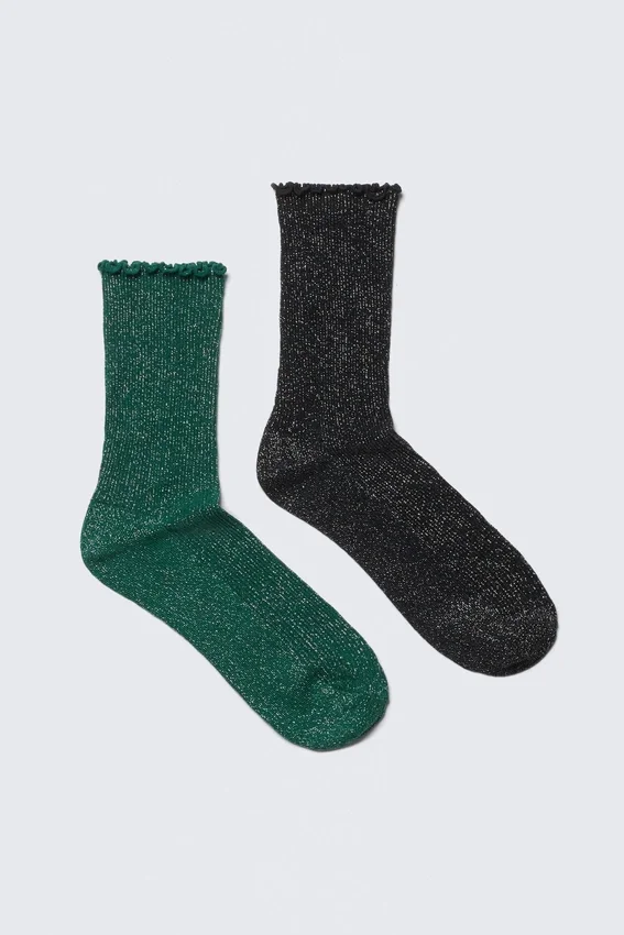 2-Pack Frill-Edge Glitter Crew Socks – Green & Black – Glitter 2-Pack Frill-Edge Glitter Crew Socks – Green & Black – Glitter