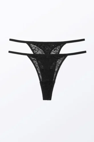 2-Pack Lacey Lace Thongs – Black