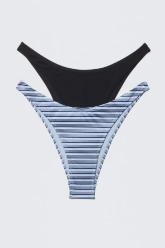 2-Pack Mini Brazilian Bikini Bottoms – Black & Blue Stripe