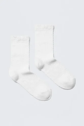 2-Pack Pointelle Cotton Crew Socks – White