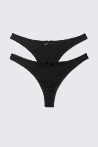 2-Pack Pointelle Cotton Thongs – Black