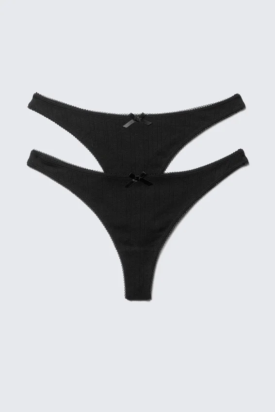 2-Pack Pointelle Cotton Thongs – Black 2-Pack Pointelle Cotton Thongs – Black