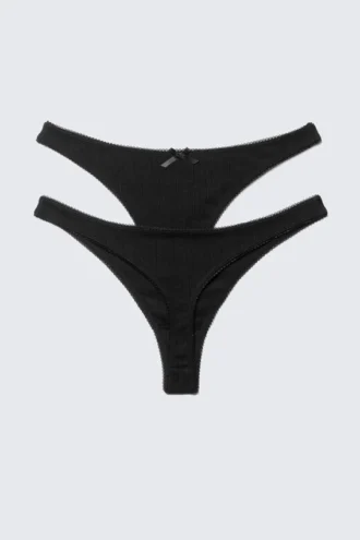 2-Pack Pointelle Cotton Thongs – Black