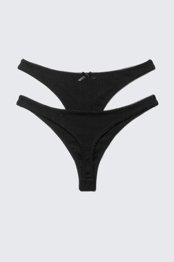 2-Pack Pointelle Cotton Thongs – Black 2-Pack Pointelle Cotton Thongs – Black