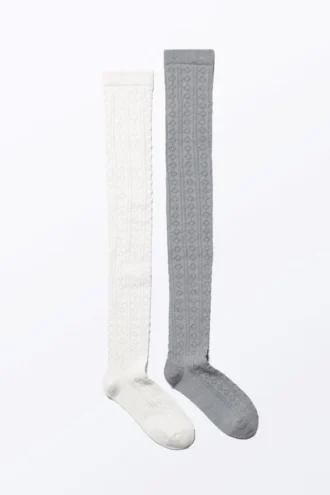 2-Pack Pointelle Knee-High Socks – Grey & White
