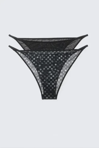 2-Pack Printed Tanga Mesh Brazilian Bottoms – Black – Dots