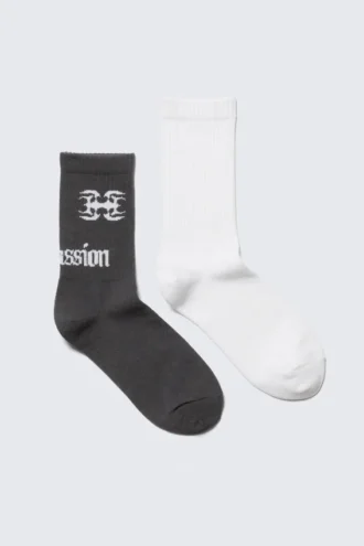 2-Pack Ribbed Graphic Socks – Solid White & Graphic Grey