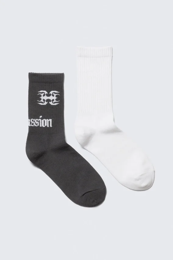 2-Pack Ribbed Graphic Socks – Solid White & Graphic Grey 2-Pack Ribbed Graphic Socks – Solid White & Graphic Grey
