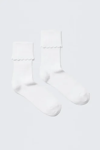 2-Pack Scalloped Edge Crew Socks – White