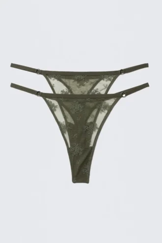 2-Pack Sheer Lace Tanga Thongs – Dark Khaki Green