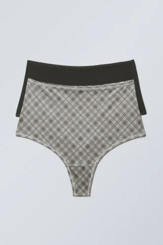 2-Pack Soul Soft High Rise Thongs – Dark Grey/Checked Greige