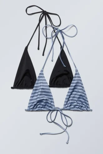 2-Pack Strappy Triangle Bikini Tops – Black & Blue Stripe