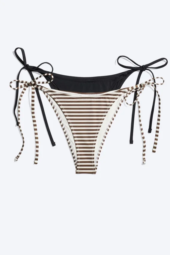 2-Pack Tie Bikin Bottoms – Black + Brown/White Striped 2-Pack Tie Bikin Bottoms – Black + Brown/White Striped