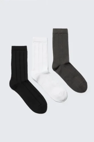 3-Pack Cable-Knitted Crew Socks – Black/White/Grey