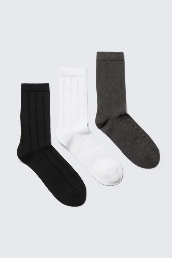 3-Pack Cable-Knitted Crew Socks – Black/White/Grey 3-Pack Cable-Knitted Crew Socks – Black/White/Grey