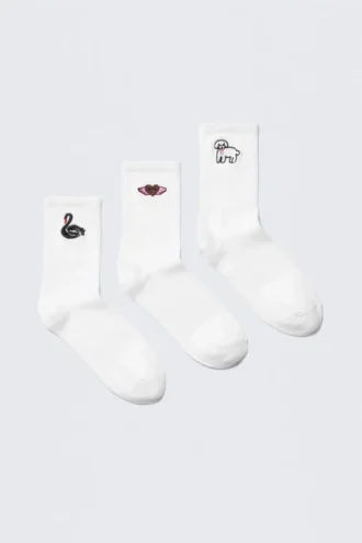 3-Pack Crew Sock – White Embroidered Mix