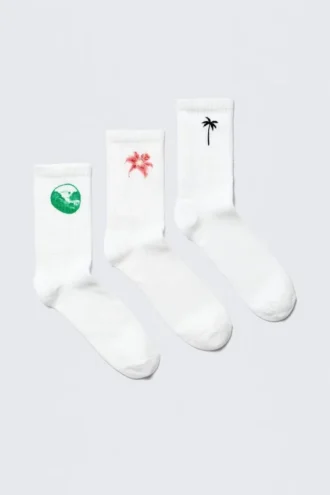 3-Pack Embroidered Crew Socks – White – Embroidered Mix