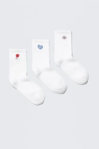 3-Pack Embroidered Crew Socks – White – Embroidered Mix