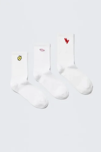 3-Pack Embroidered Socks – White – Embroidered Mix