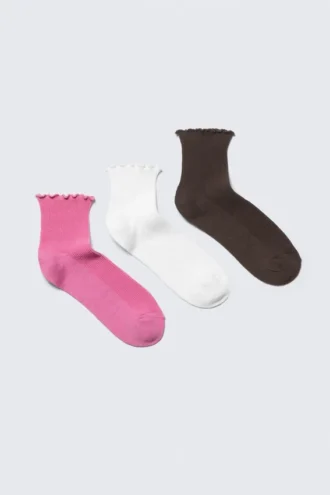 3-Pack Frill Edge Ankle Socks – Pink/White/Brown 3-Pack Frill Edge Ankle Socks – Pink/White/Brown