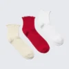 3-Pack Frill Edge Short Socks – Beige/Red/White