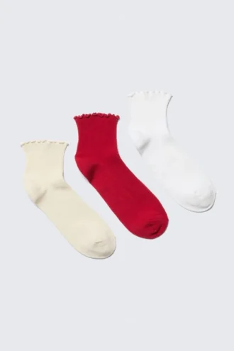 3-Pack Frill Edge Short Socks – Beige/Red/White