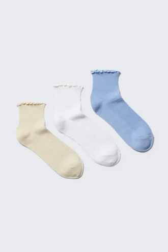 3-Pack Frill Edge Short Socks – Light Yellow/White/Light Blue