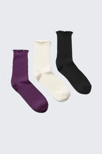 3-Pack Frill Edge Socks – Dark Purple/Off-White/Black