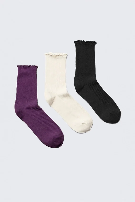3-Pack Frill Edge Socks – Dark Purple/Off-White/Black 3-Pack Frill Edge Socks – Dark Purple/Off-White/Black