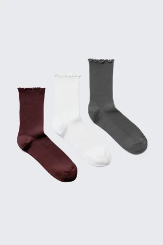 3-Pack Frill Edge Socks – Dark Red/White/Grey