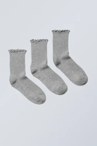 3-Pack Frill Edge Socks – Grey Melange