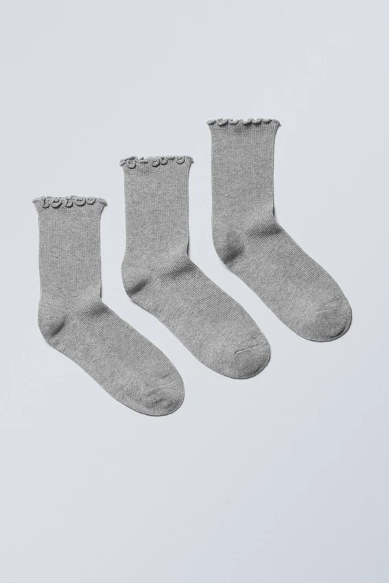 3-Pack Frill Edge Socks – Grey Melange 3-Pack Frill Edge Socks – Grey Melange