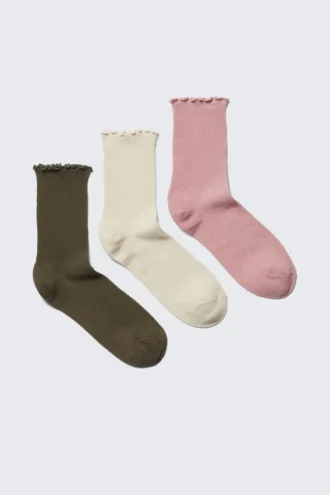 3-Pack Frill Edge Socks – Khaki/Off-White/Dusty Pink