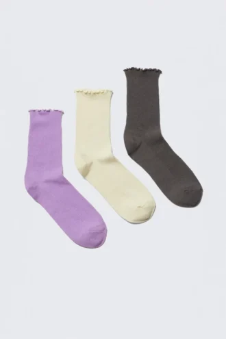 3-Pack Frill Edge Socks – Lilac/Off-White/Dark Grey