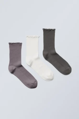 3-Pack Frill Edge Socks – Purple/Off-White/Dark Grey