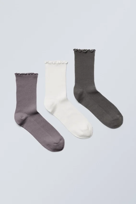 3-Pack Frill Edge Socks – Purple/Off-White/Dark Grey 3-Pack Frill Edge Socks – Purple/Off-White/Dark Grey