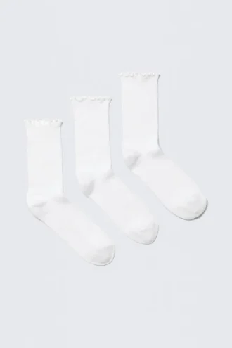 3-Pack Frill Edge Socks – White
