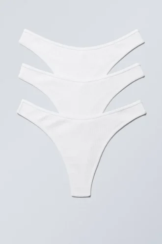 3-Pack Rib Cotton Thongs – White