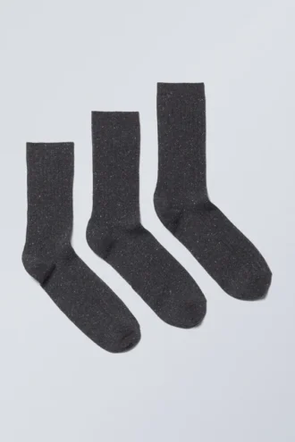 3-Pack Rib Neps Socks – Washed Black
