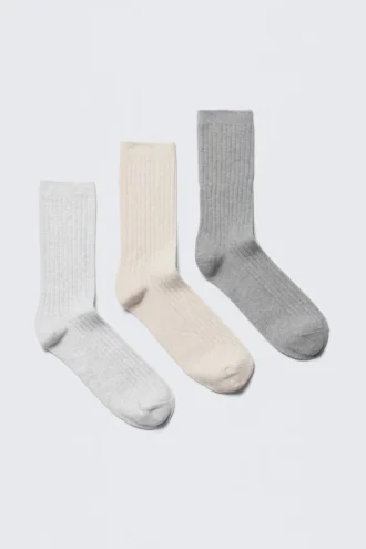 3-Pack Rib Socks – White/Beige/Grey