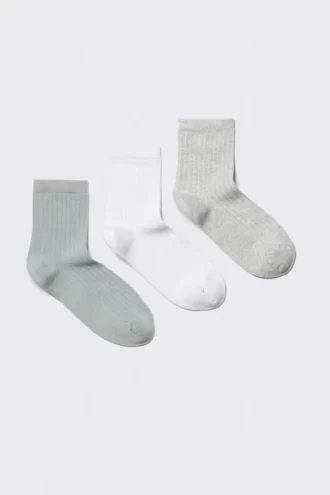 3-Pack Ribbed Ankle Socks – Blue/White/Grey