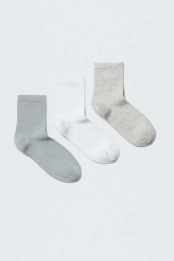 3-Pack Ribbed Ankle Socks – Blue/White/Grey 3-Pack Ribbed Ankle Socks – Blue/White/Grey