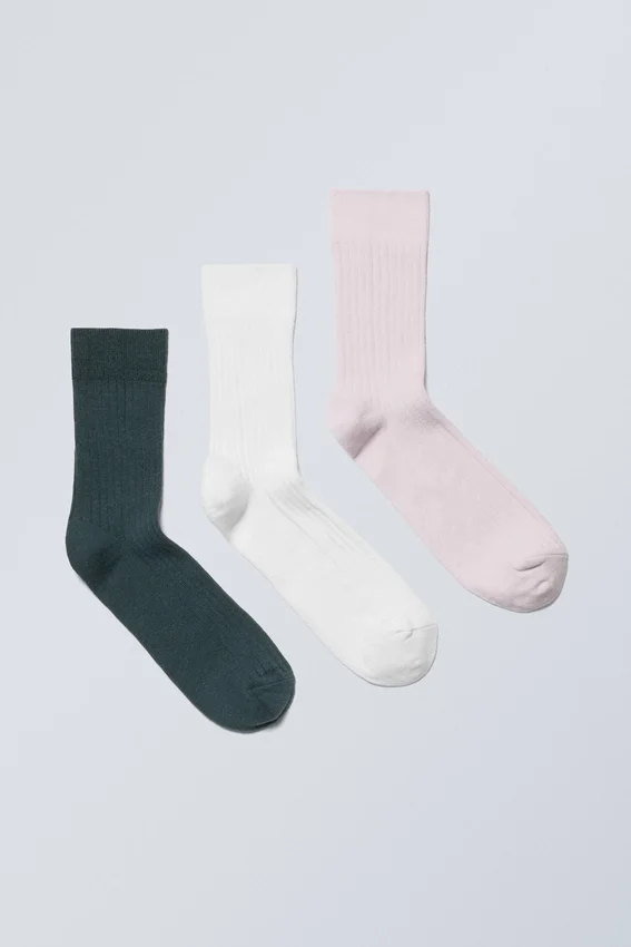 3-Pack Ribbed Crew Socks – Blue White Pink 3-Pack Ribbed Crew Socks – Blue White Pink