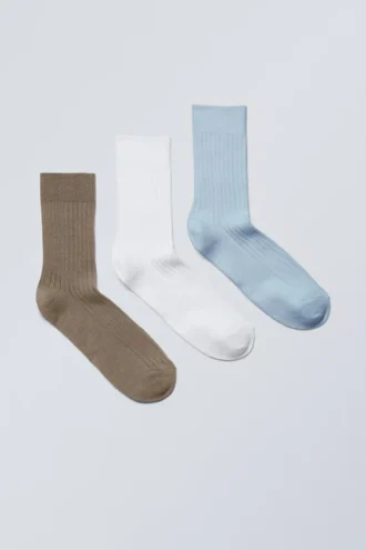 3-Pack Ribbed Crew Socks – Brown/White/Blue