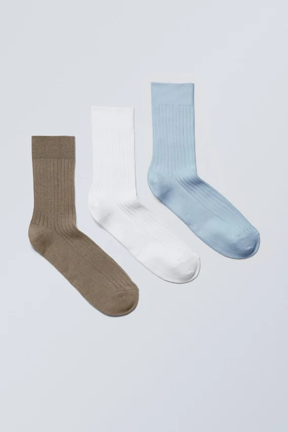 3-Pack Ribbed Crew Socks – Brown/White/Blue 3-Pack Ribbed Crew Socks – Brown/White/Blue