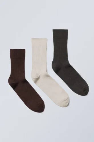3-Pack Ribbed Crew Socks – Dark Red/Light Beige/Dark Grey